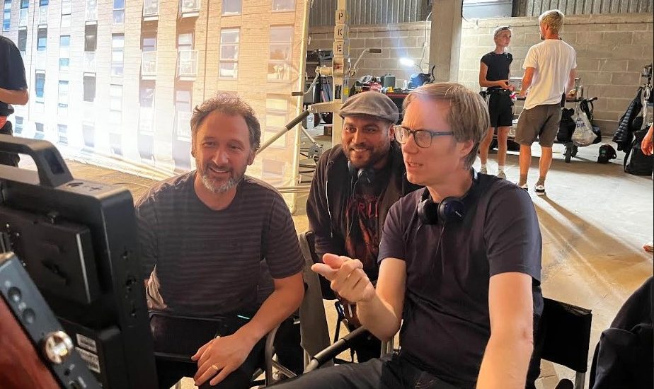 Michael Jenkins (centre) with Directors Stephen Merchant (R) & Curtis Vowell (L) at The Bottle Yard Studios (image courtesy Big Talk Studios)