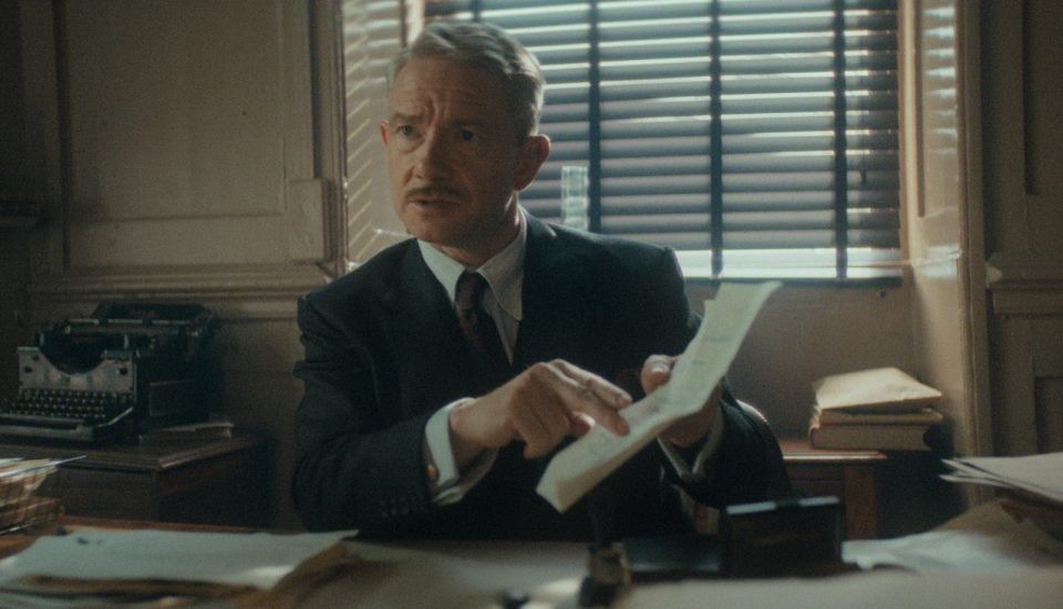 Martin Freeman as 'Battle' in Agatha Christie's Seven Dials (Photo credit: Simon Ridgeway/Netflix). Filming location: Corn Exchange Offices above St Nicholas Markets, Bristol